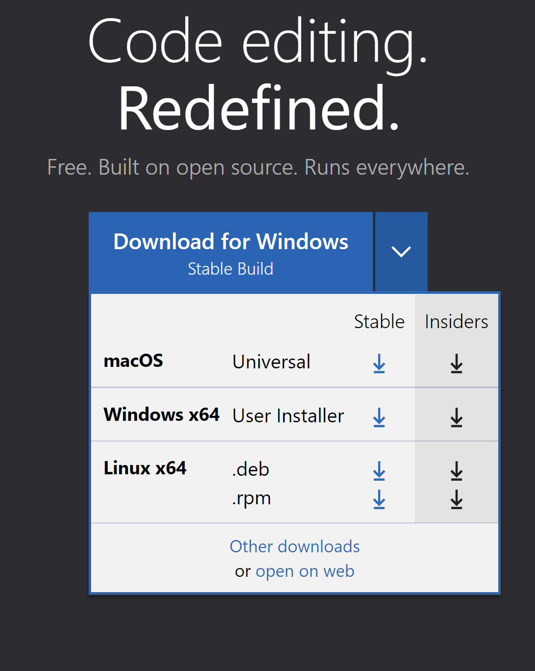 Okno na stažení editoru VS Code Stažení VS Code
