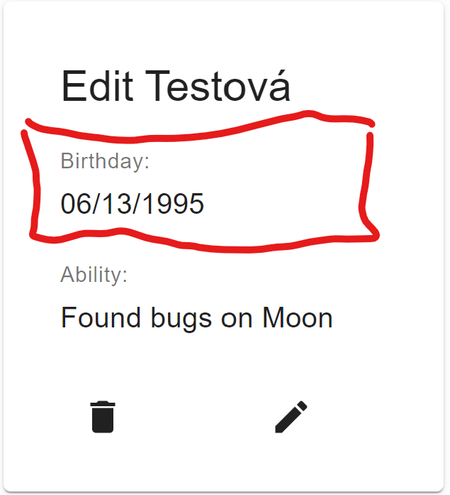 Políčko Birthday zobrazené ve view mode. Pole Birthday - View mode