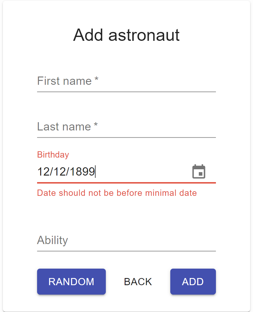 Chyba zobrazená při zadání datumu před zvoleným minimem. Datum před povoleným minimem