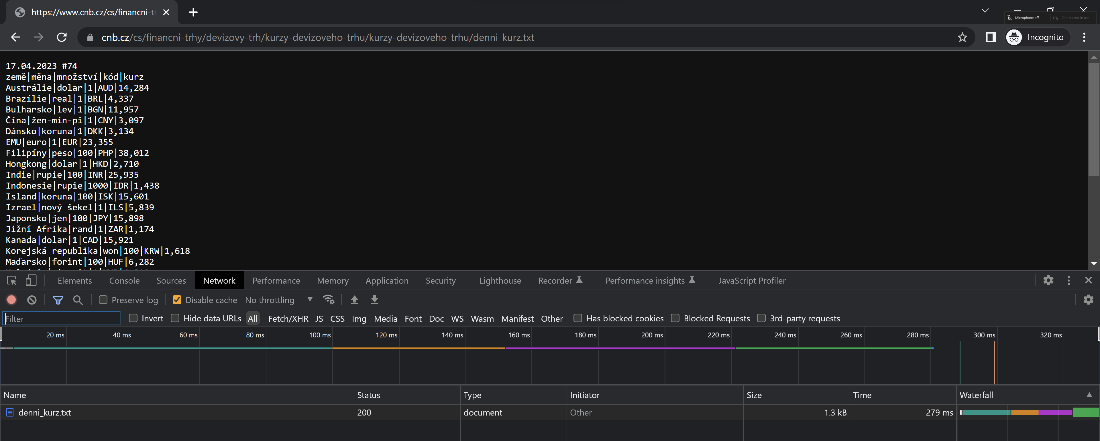 Request na Kurzovní lístek ČNB v DevTools Request na Kurzovní lístek ČNB v DevTools