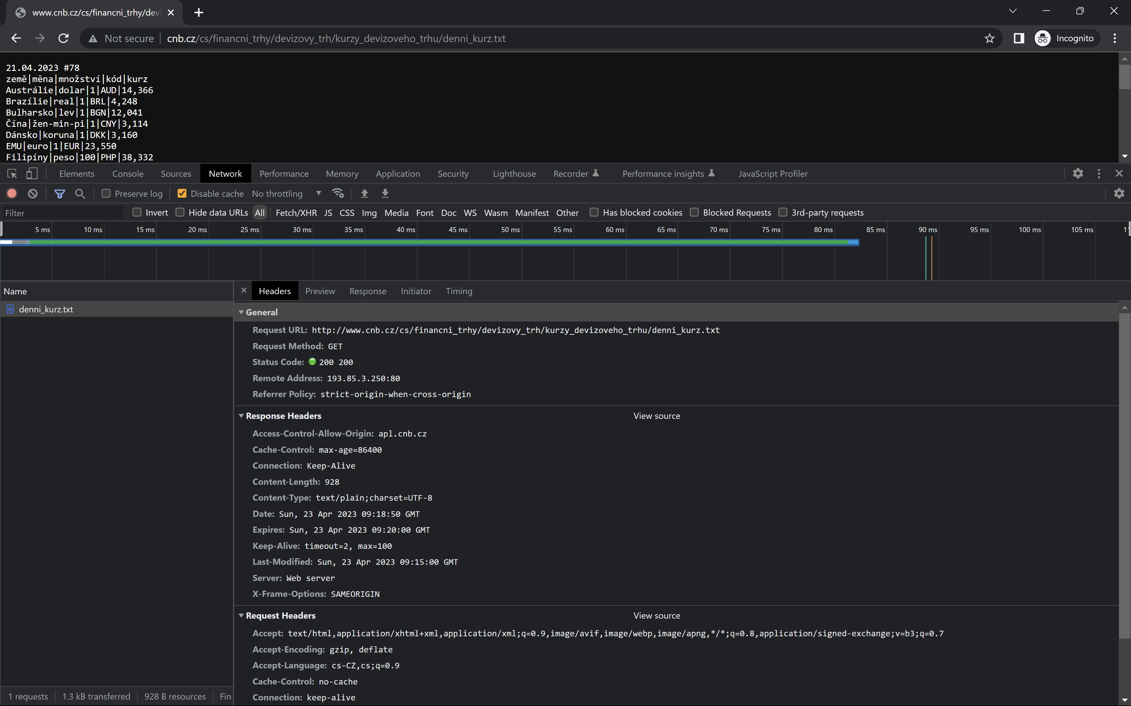 Headers requestu na Kurzovní lístek ČNB Headers requestu na Kurzovní lístek ČNB