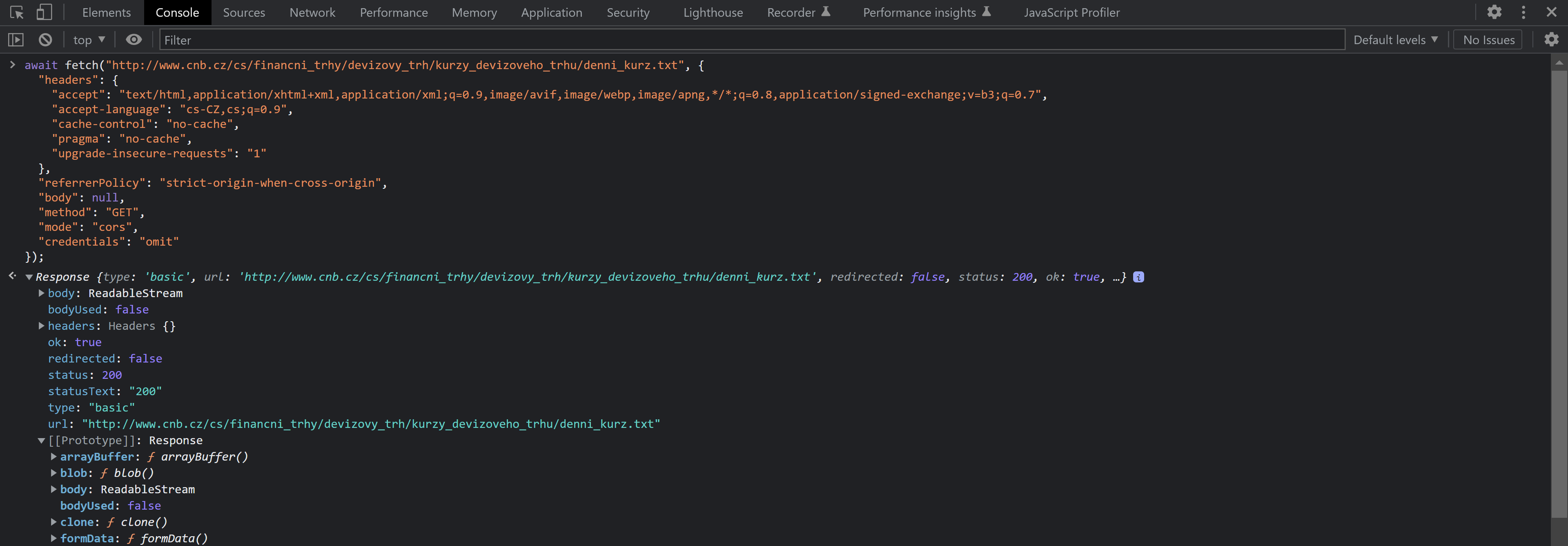 ukázka pouzití funkce fetch v DevTools Uázka pouzití funkce fetch v DevTools