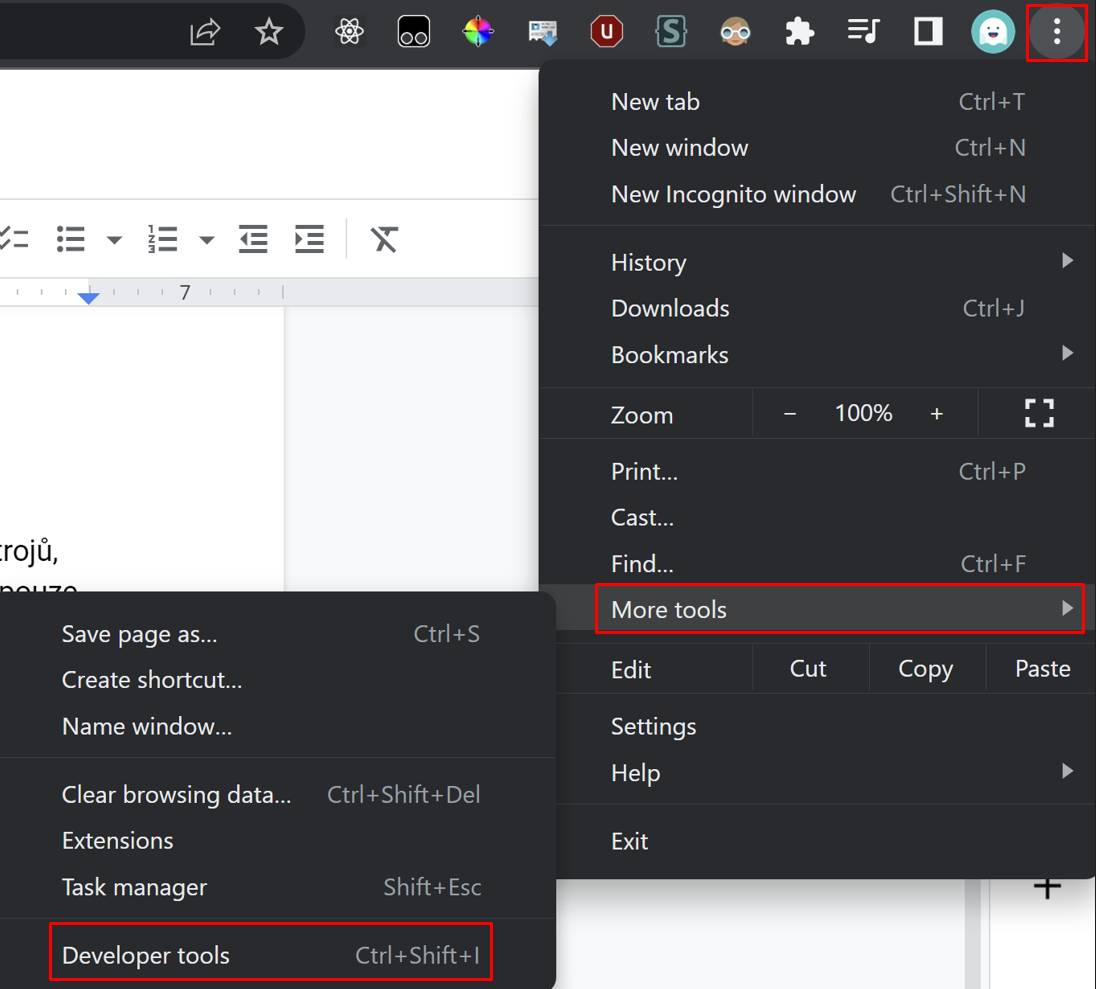 Jak otevřít vývojářské nástroje přes menu prohlížeče. Otevření vývojářských nástrojů