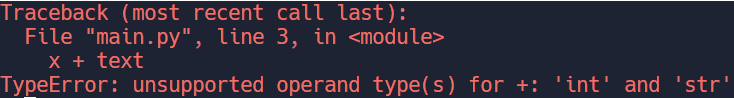 Chybová hláška vypsaná Pythonem při sčítání čísla a řetězce. Chybová hláška Python