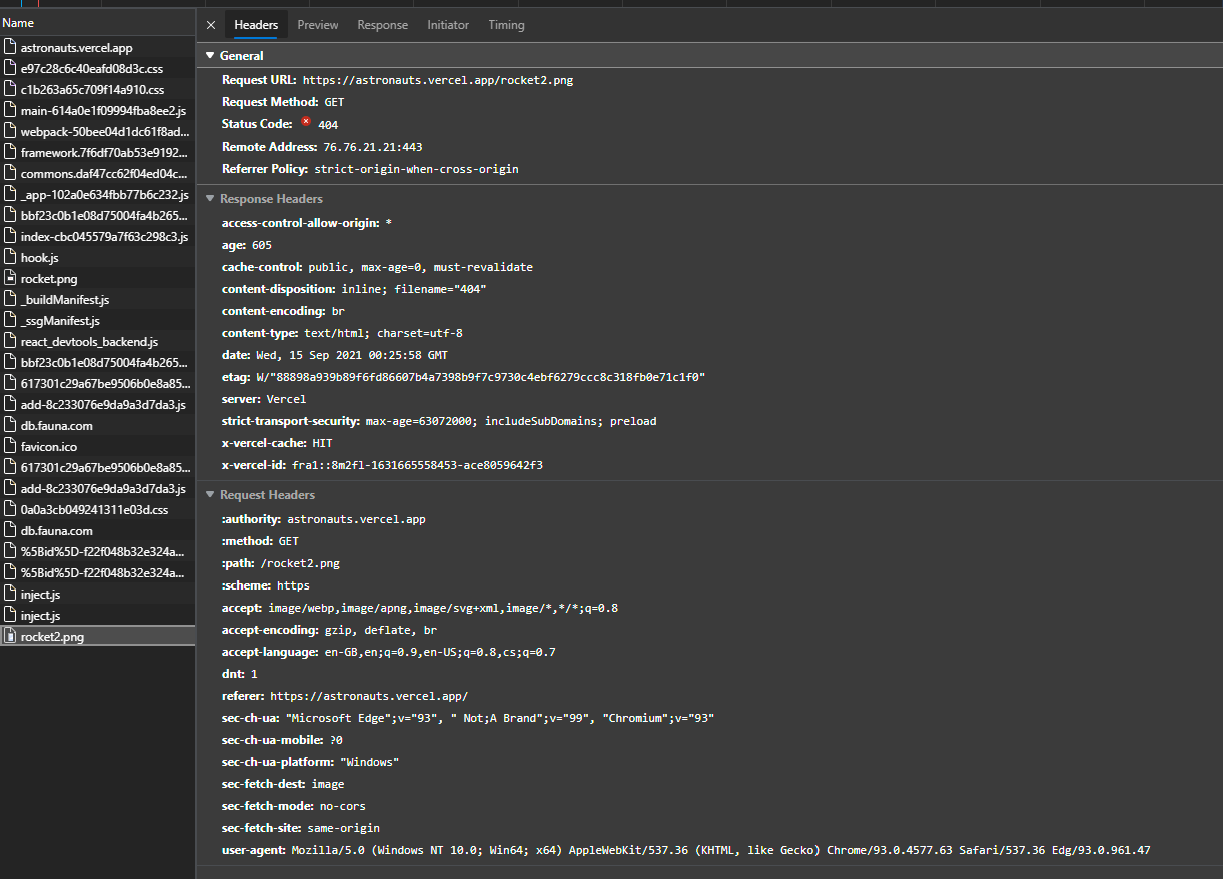 Detail chybného požadavku na neexistující obrázek v aplikaci Astronauti. Detail chybného požadavku