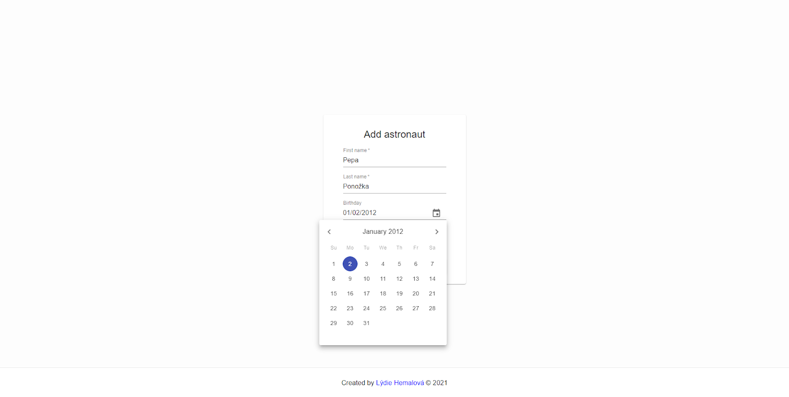 Výběr datumu na stránce přidání astronauta Výběr datumu na stránce přidání astronauta